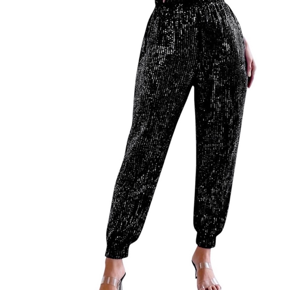 Black Sequin Jogger Pants with Elastic Waist